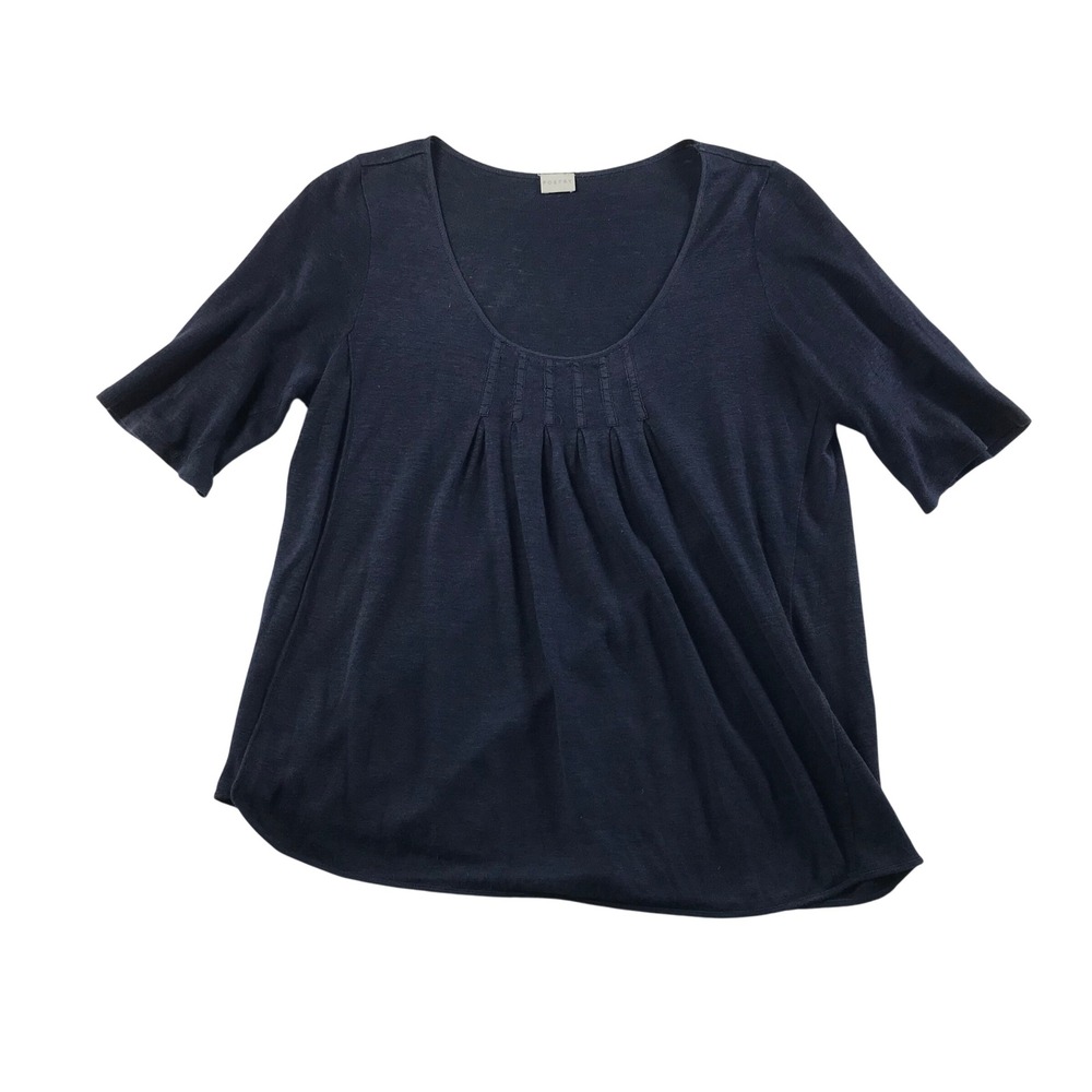 Poetry Navy Blue 100% Linen Pintuck Scoop Neck Elbow Sleeve Knit Top US 8 VB37